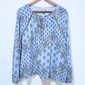 Como Vintage Womens Blue Paisley Long Sleeve Tied Neck Peasant Blouse Size 2X